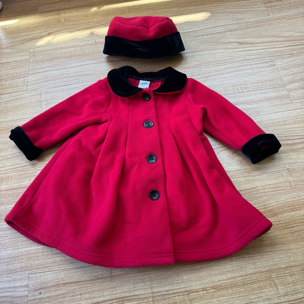 Red pea coat with black fur trim